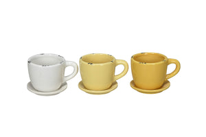 Pflanztasse Dolomit 3Fb. sort. gelb/creme Tasse Pflanztopf mit Unterteller Keramik Ø10x8cm H7cm