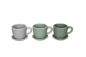 Pflanztasse Dolomit 3Fb. sort. grün/grau Tasse Pflanztopf mit Unterteller Keramik Ø10x8cm H7cm