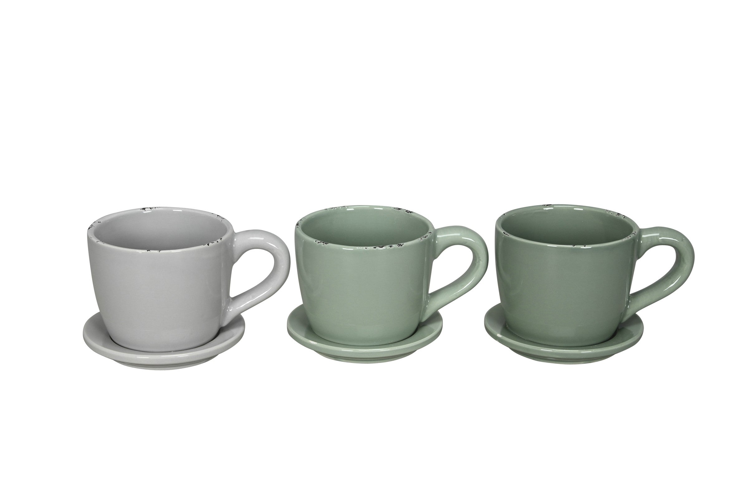 Pflanztasse Dolomit 3Fb. sort. grün/grau Tasse Pflanztopf mit Unterteller Keramik Ø15x12cm
