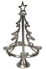 Lade das Bild in den Galerie-Viewer, Alu Tannenbaum H55cm + H72cm für Gläser als Silhouette aus silberfarbenem Aluminium mit Stern und 4 Teelichthaltern 2Größen wählbar
