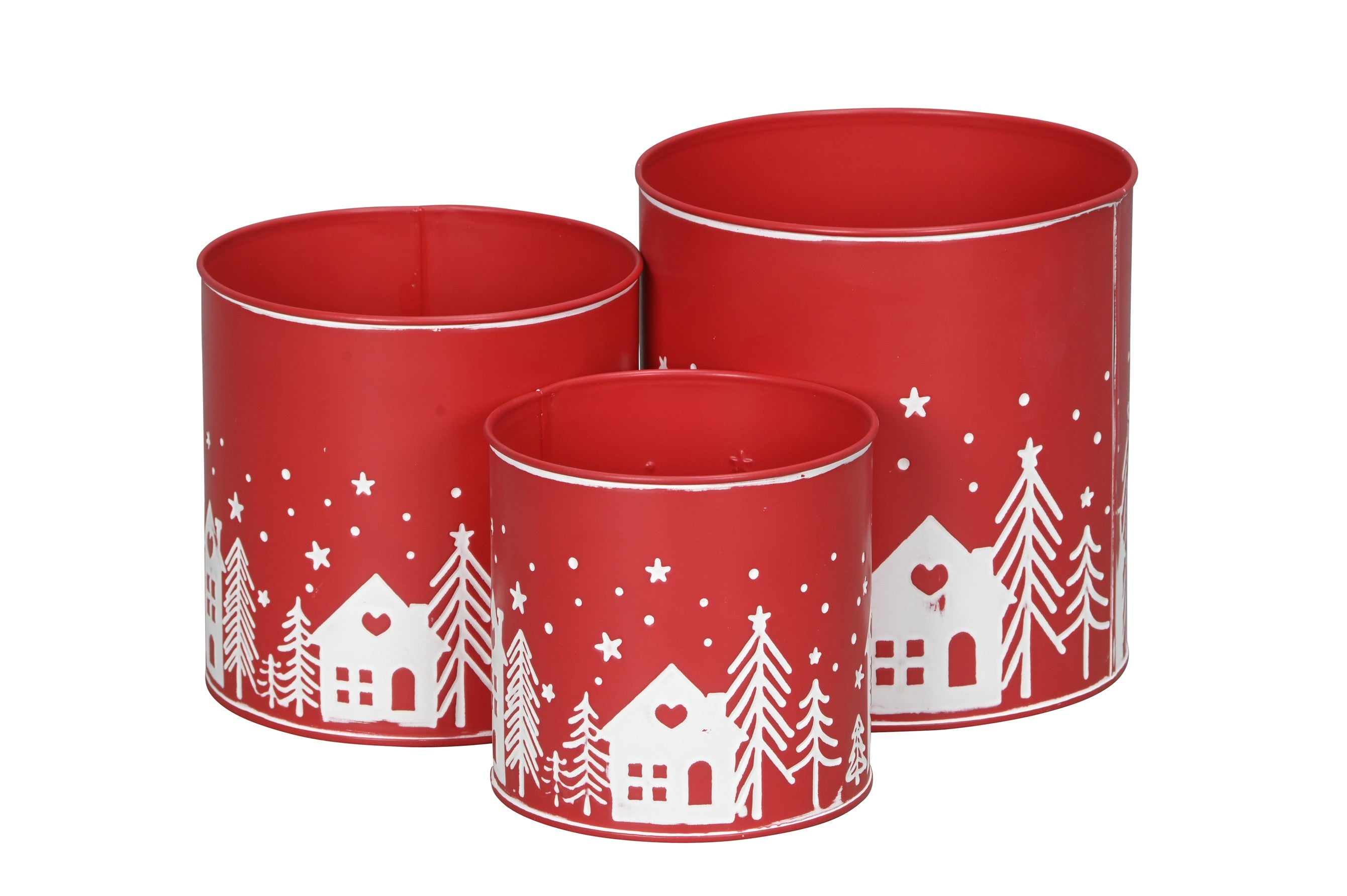 Metall Blumentopf Set/3 Winterlandschaft Übertopf rot-weiß Ø12+15+17cm H12+15+17cm Dekoratives Pflanzen Festliche Deko