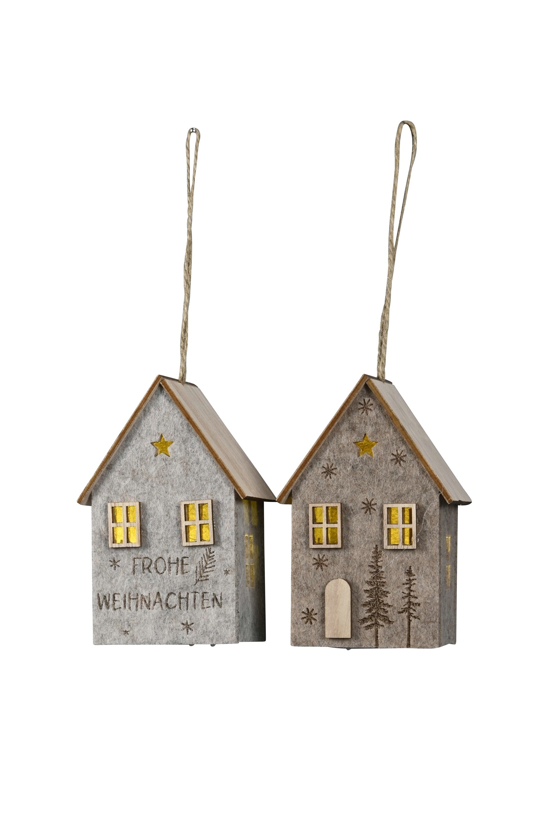 Haus LED zum hängen 7x7cm H11cm 2farbig sort. Spruch/Tanne Dekohaus Polyester/Filz natur/braun Fenstetdeko Weihnachten