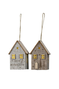 Haus LED zum hängen 7x7cm H11cm 2farbig sort. Spruch/Tanne Dekohaus Polyester/Filz natur/braun Fenstetdeko Weihnachten