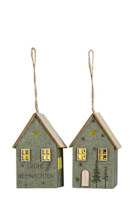 Haus LED zum hängen 7x7cm H11cm 2farbig sort. Spruch/Tanne Dekohaus Polyester/Filz grün Fenstetdeko Weihnachten