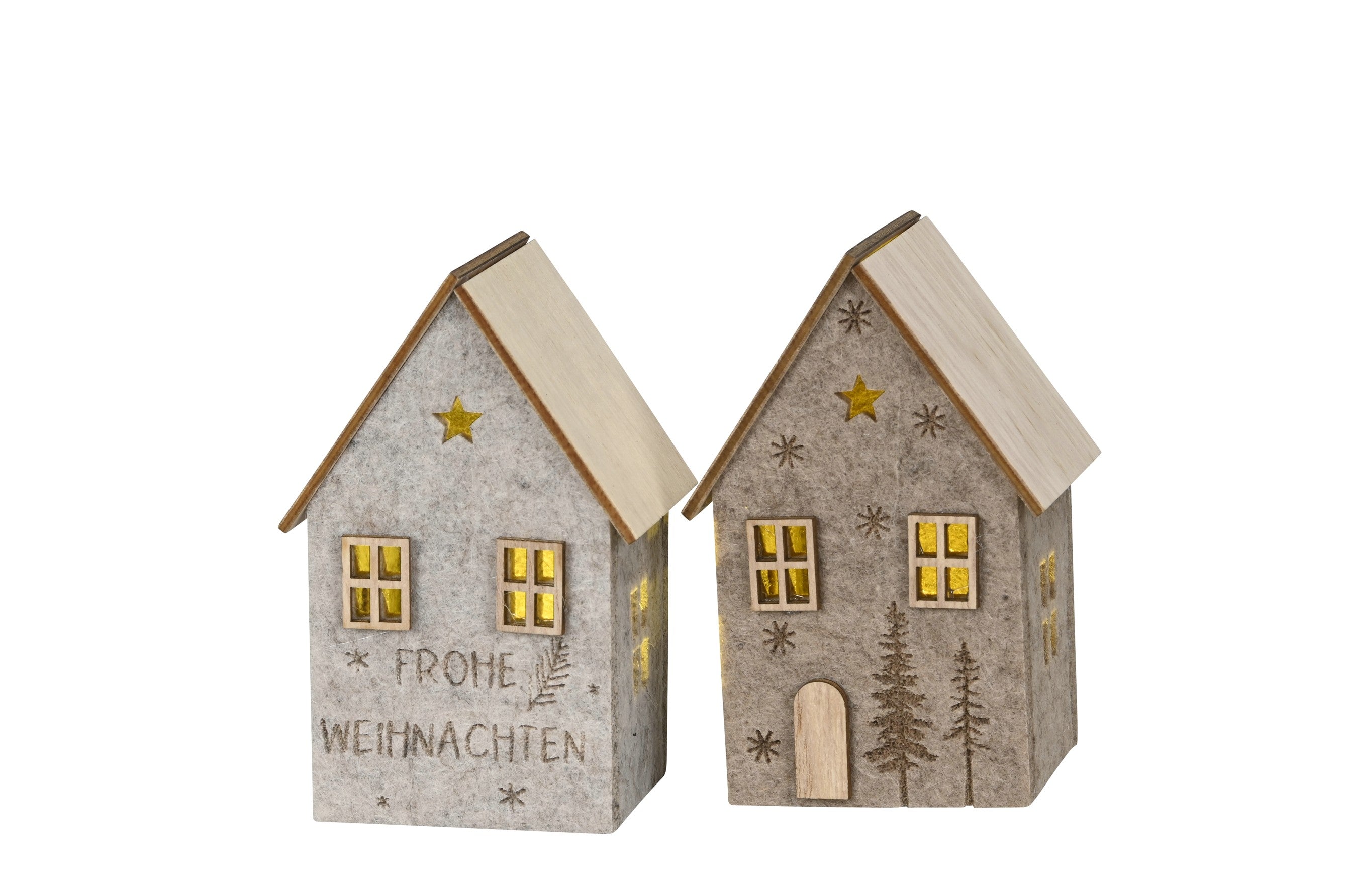 Haus Led zum stellen 7x7cm H11cm 2farbig sort. Spruch/Tanne Dekohaus Polyester/Filz natur/braun Fenstetdeko Weihnachten