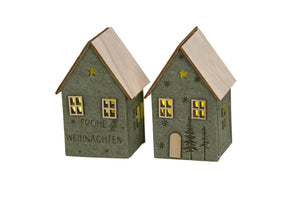 Haus Led zum stellen 7x7cm H11cm 2farbig sort. Spruch/Tanne Dekohaus Polyester/Filz grün Fenstetdeko Weihnachten