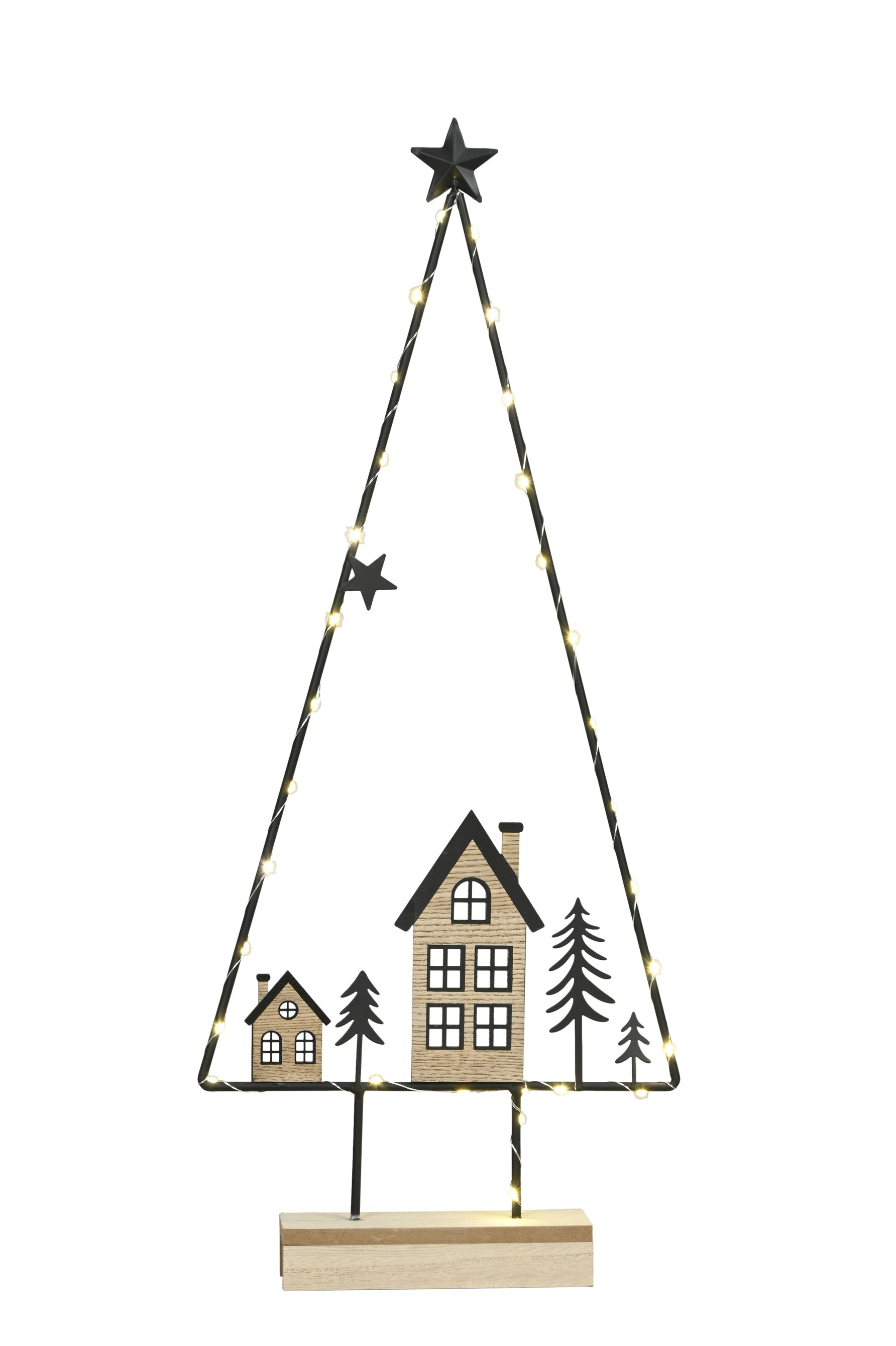 Baum Metall schwarz auf Fuß mit 31 LED Aufsteller Haus Tannenbaum 27x6cm H64cm schwarz/natur Weihnachten Advent Dekoration Landschaft