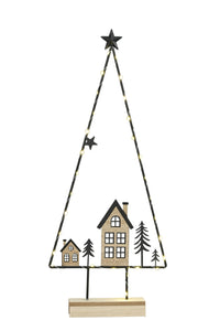 Baum Metall schwarz auf Fuß mit 31 LED Aufsteller Haus Tannenbaum 27x6cm H64cm schwarz/natur Weihnachten Advent Dekoration Landschaft