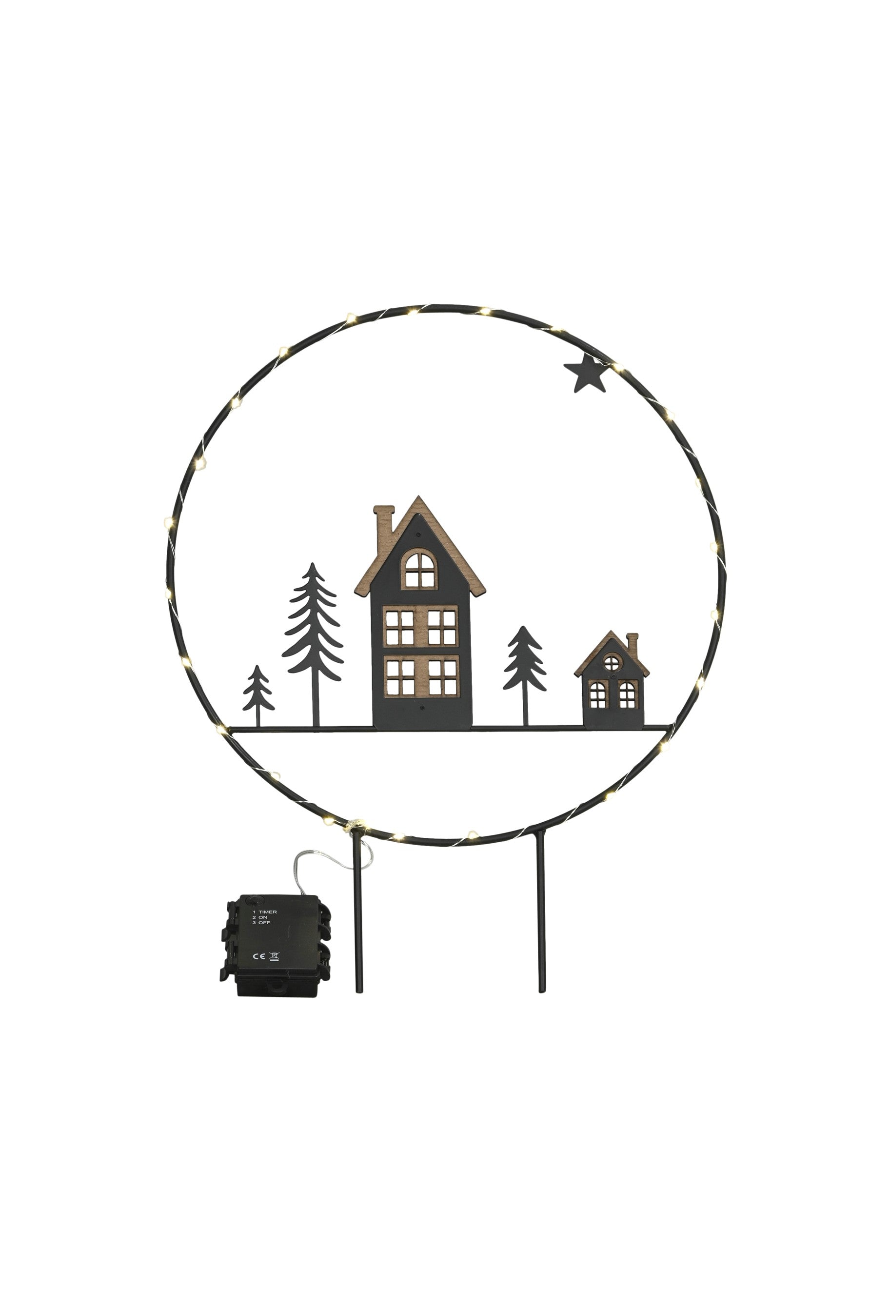 Ring Dekoring mit Timer Metall schwarz zum stecken mit 24 LED Gartenstecker Außenbereich Haus Tannenbaum Ø35cm H45cm schwarz/natur Weihnachten Advent Dekoration Landschaft