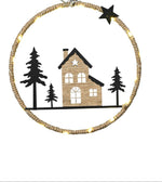 Lade das Bild in den Galerie-Viewer, Ring Dekoring Metall schwarz zu hängen mit 17 LED Haus Tannenbaum Ø22,5cm H22,5cm schwarz/natur Weihnachten Advent Dekoration Landschaft
