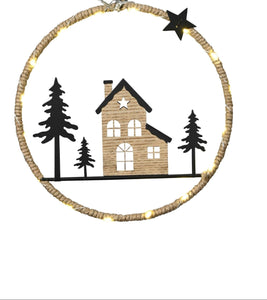 Ring Dekoring Metall schwarz zu hängen mit 17 LED Haus Tannenbaum Ø22,5cm H22,5cm schwarz/natur Weihnachten Advent Dekoration Landschaft