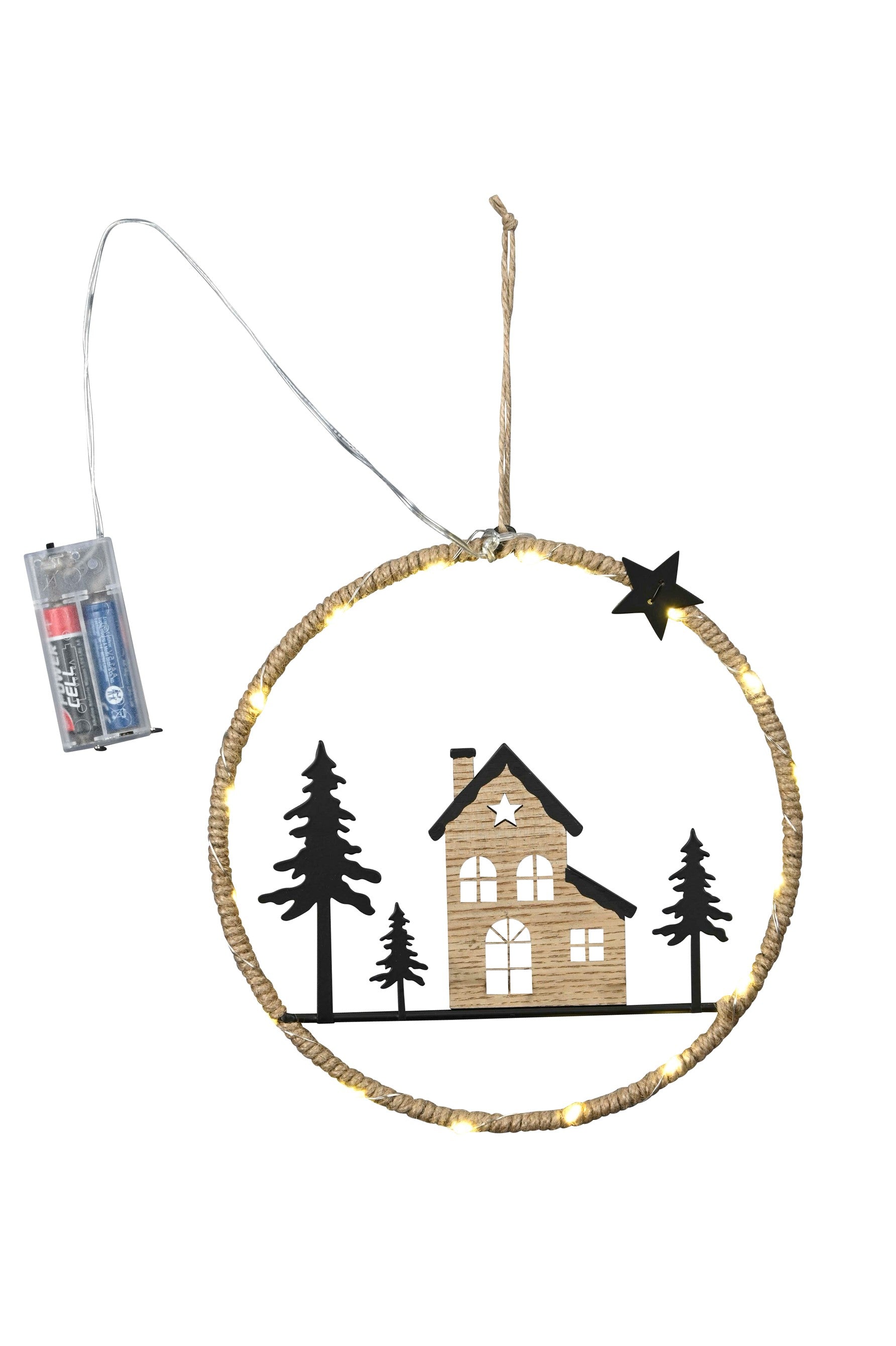 Ring Dekoring Metall schwarz zu hängen mit 17 LED Haus Tannenbaum Ø22,5cm H22,5cm schwarz/natur Weihnachten Advent Dekoration Landschaft