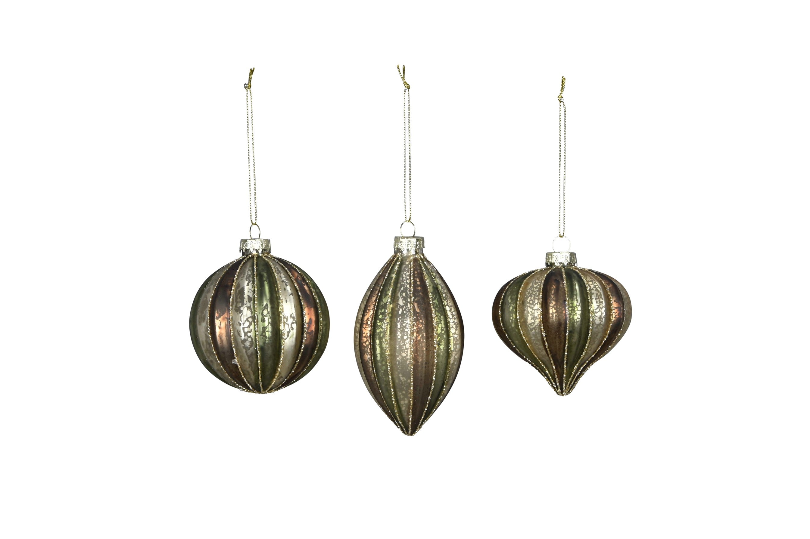 Weihnachtskugeln/Baumkugeln Glas-Hänger braun/grün Ø8cm Box/3fach sort. Kugel+Zapfen+Zwiebel Christbaumschmuck