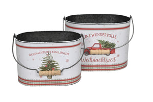 Eimer mit Henkel Metall Weihnachtsmotiv Tanne/Auto Spruch farbig H15cm + H18cm Blumentof 2er Set oval Übertopf Pflanzeimer