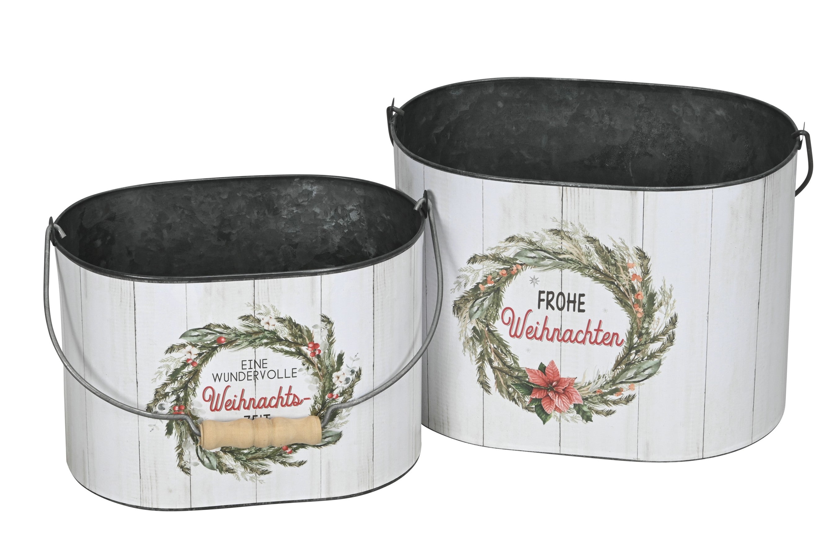 Eimer mit Henkel Metall Weihnachtsmotiv Spruch farbig H15cm + H18cm Blumentof 2er Set oval Übertopf Pflanzeimer