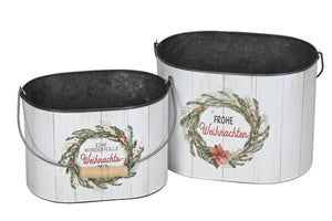 Eimer mit Henkel Metall Weihnachtsmotiv Spruch farbig H15cm + H18cm Blumentof 2er Set oval Übertopf Pflanzeimer