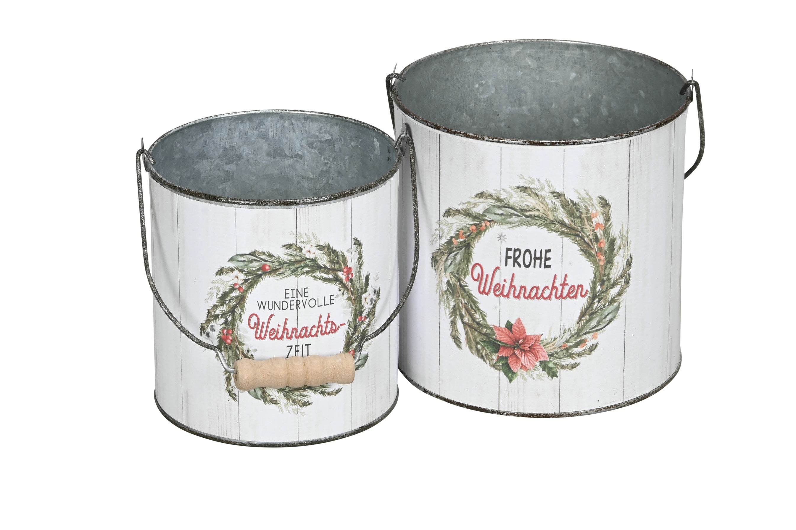 Eimer mit Henkel Metall Weihnachtsmotiv Spruch farbig Ø13cm H13cm + Ø15cm H15cm Blumentopf 2er Set rund Übertopf Pflanzeimer