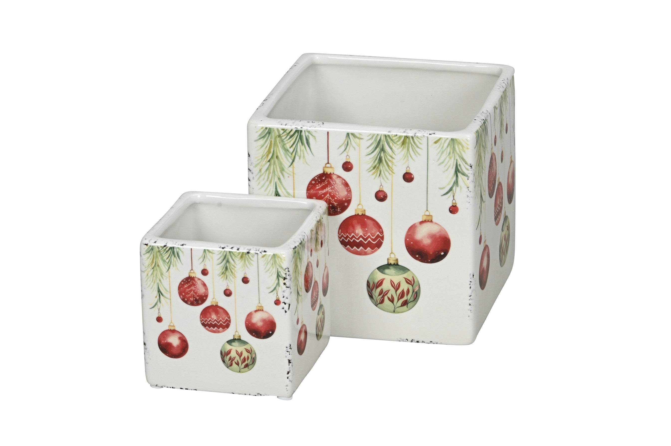 Keramik Blumentopf Set/2 Christbaumkugeln Übertopf weiss/rot-grün 8x8cm H8,5cm /13x13cm H12cm Dekoratives Pflanzen Festliche Deko