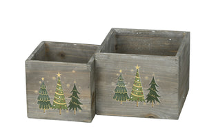 Holz Blumentopf Set/2 Tanne Übertopf grau-grün Ø13+16cm H12+13cm Dekoratives Pflanzen Festliche Deko