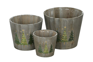 Holz Blumentopf Set/3 Tanne Übertopf grau-grün Ø12+18+22cm H12+16+19cm Dekoratives Pflanzen Festliche Deko