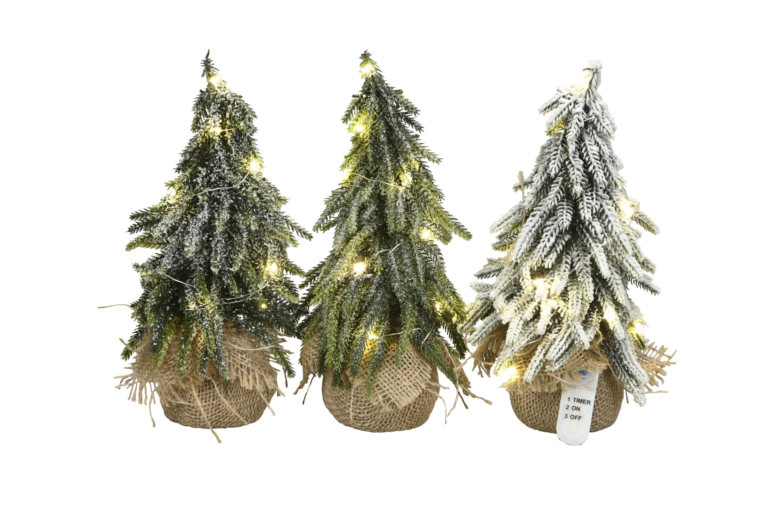 Weihnachtsbaum mit Beleuchtung im Jutesack 10LED mit Timer grün beschneit Ø14cm H27cm 3fach sort. Tannenbaum Weihnachten Dekoration Advent