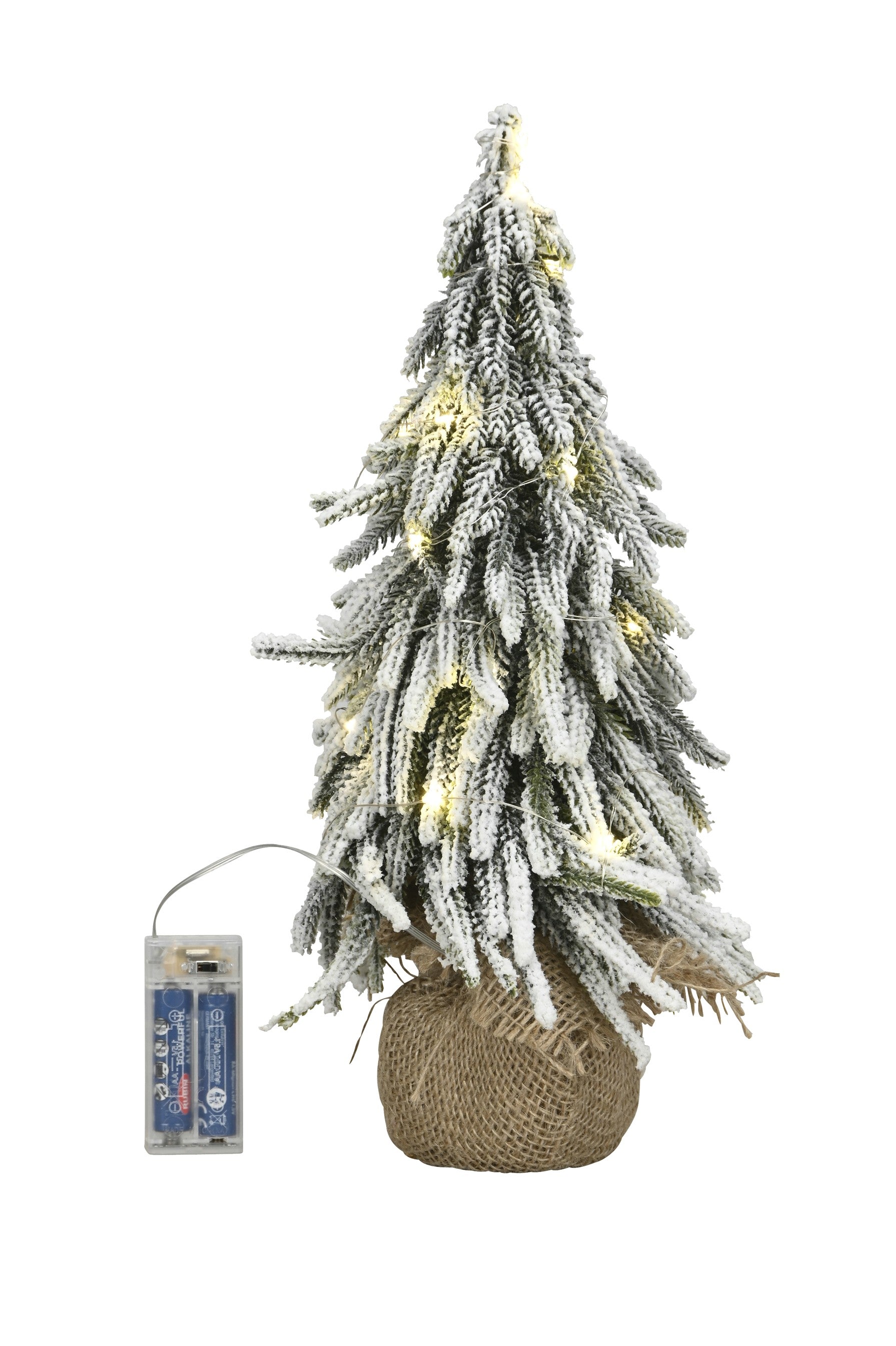 Weihnachtsbaum mit Beleuchtung im Jutesack 20LED mit Timer grün beschneit H36cm + H52cm Tannenbaum Weihnachten Dekoration Advent 2Größen wählbar