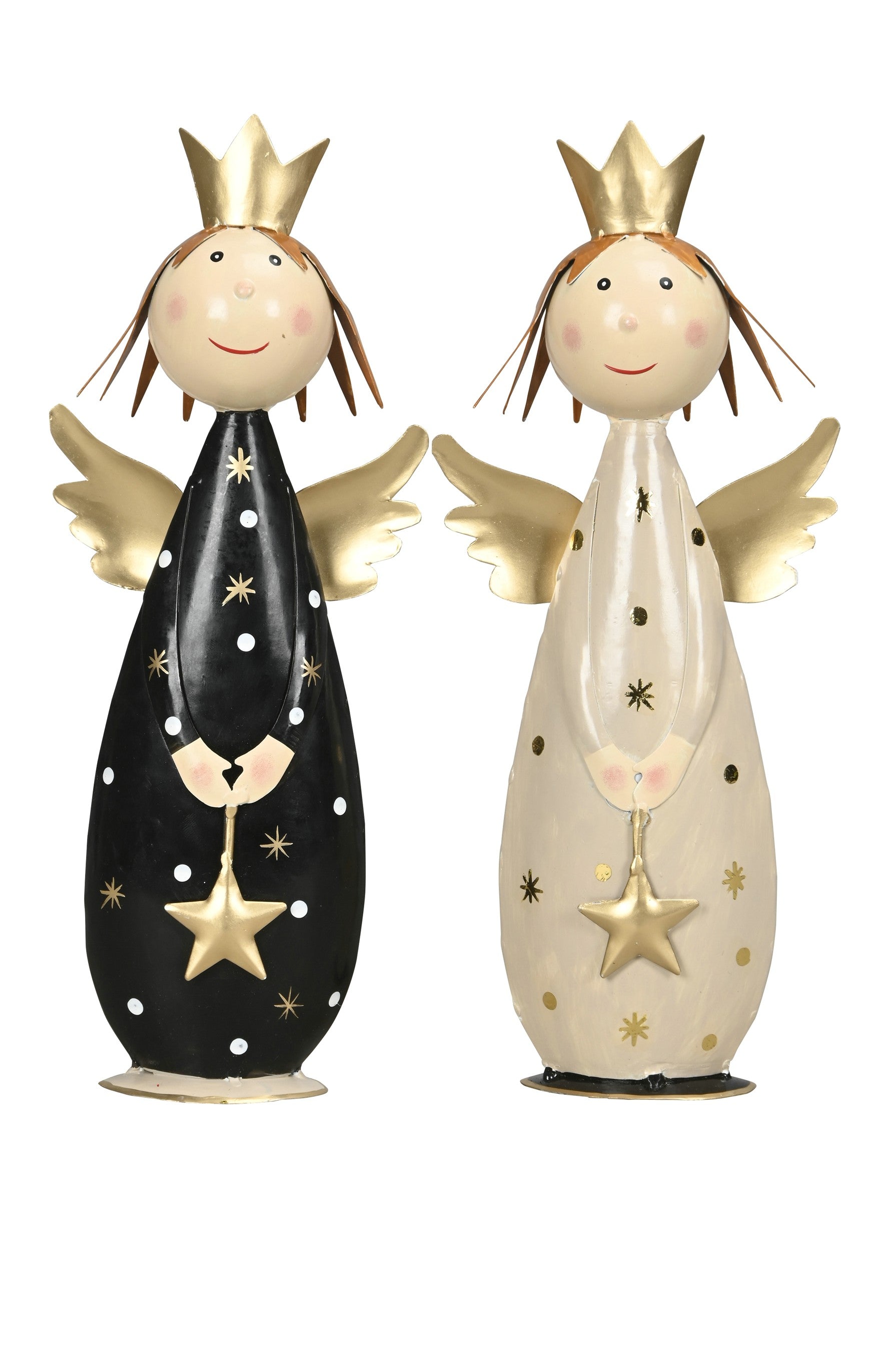 Dekofigur Engel in schwarz/creme/gold mit Goldener Krone und Sternchen Ø14x7cm H33cm 2farbig sort. Metall Skulptur Weihnachten Figur