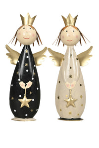 Dekofigur Engel in schwarz/creme/gold mit Goldener Krone und Sternchen Ø14x7cm H33cm 2farbig sort. Metall Skulptur Weihnachten Figur