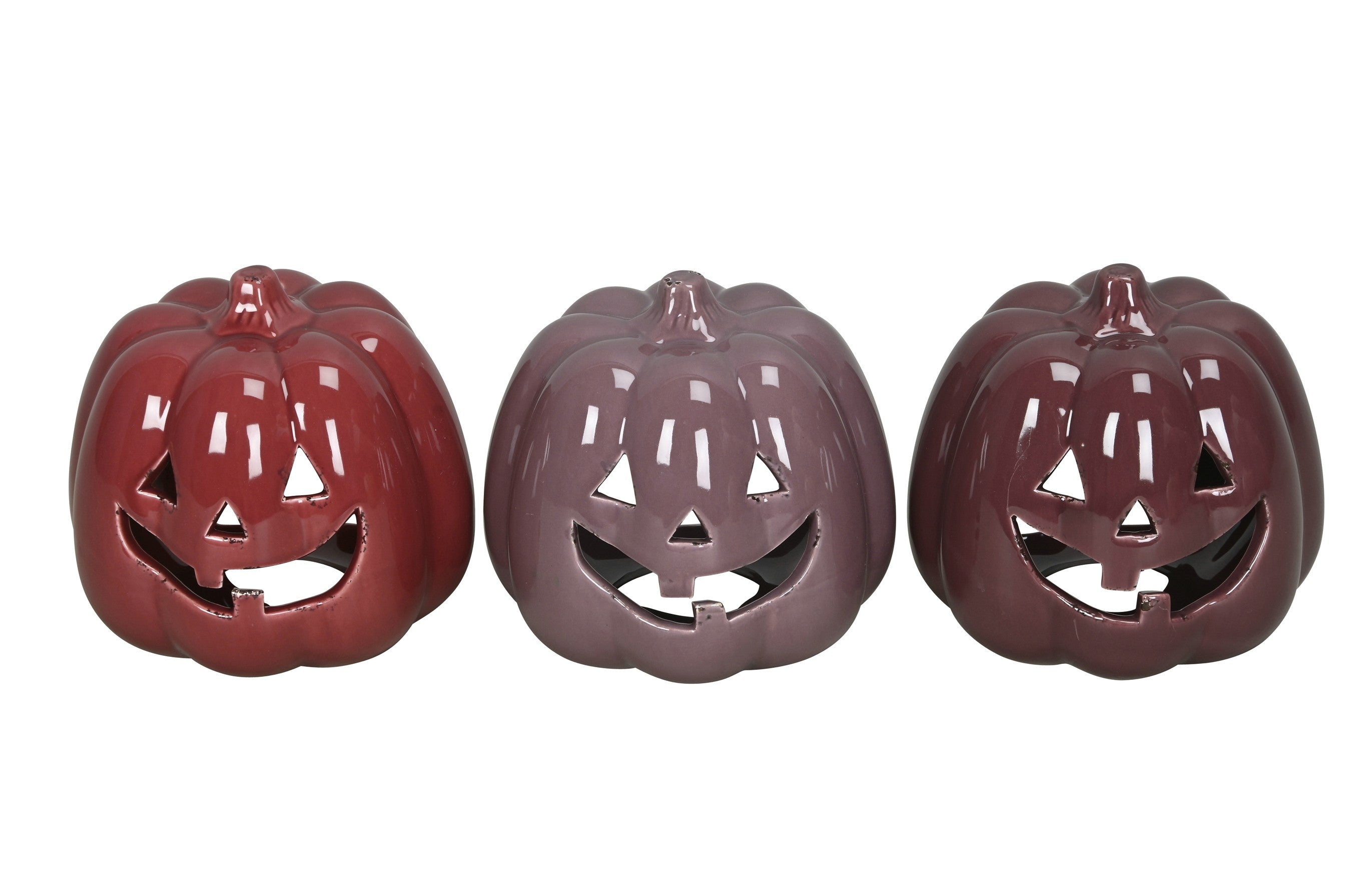 Windlicht Kürbis 3farbig sort. Keramik Dolomit glänzend Herbstdeko Ø15cm H13,5cm Halloween