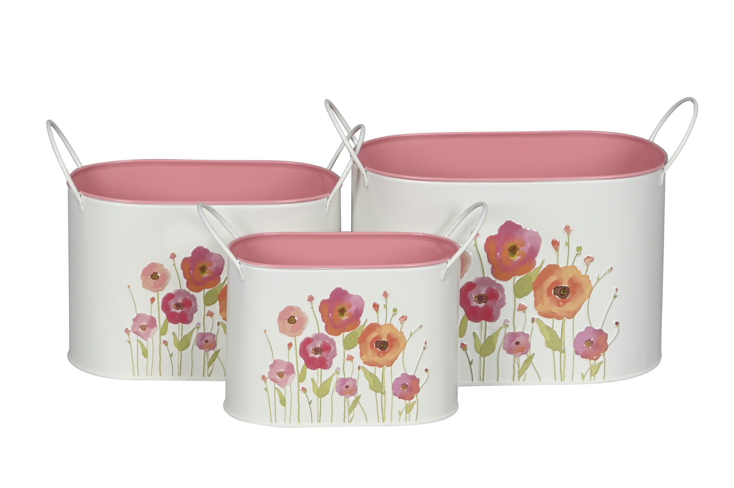 Schale mit Griff oval Mohn bunt Set 3teilig Metall Dekoschalen 16x9xH11 / 20x11xH13 / 23x13xH15 cm Wohn- & Tischdekoration
