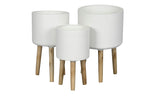 Lade das Bild in den Galerie-Viewer, Pflanztopf Set 3-teilig – Weiße Metall-Blumentöpfe mit Holzfuß – Modernes Design – Ø20/23/28 cm H36/41/44cm– Indoor &amp; überdachter Bereich Topf

