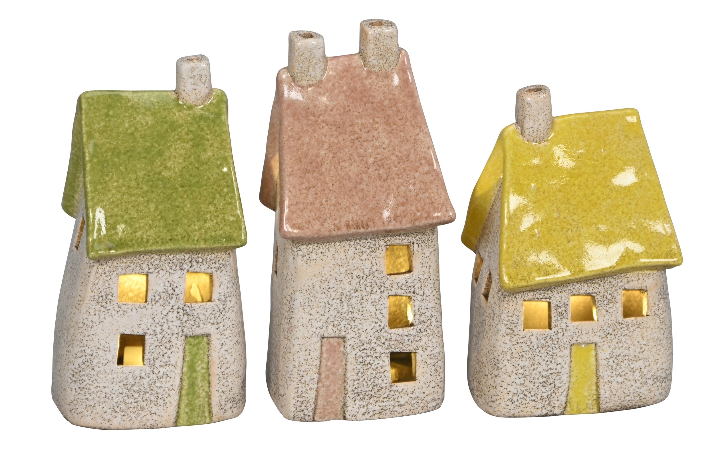 Deko Haus mit LED Steinzeug Haus 6,5x6cm H14cm 3-farbig sortiert Tisch- & Fensterdekoration für Wohnbereich & Saisondeko