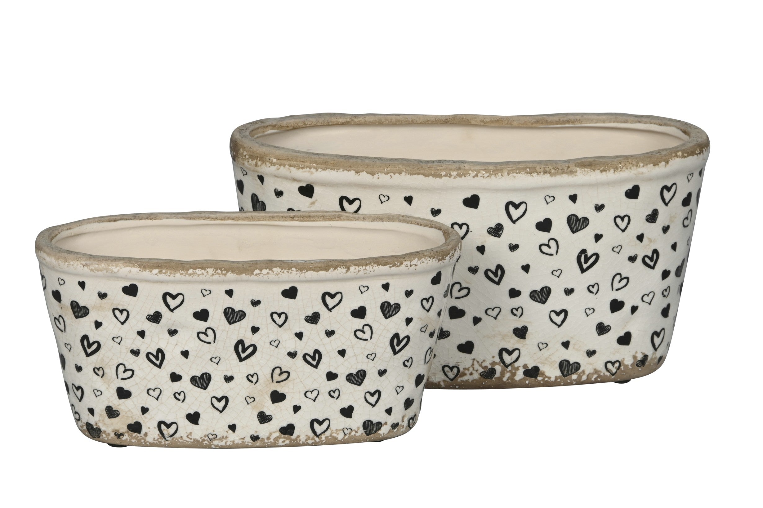 Schalen Set 2er Herzen Weiß-Schwarz 22x10xH11 cm & 26x13xH13 cm Dekorative Steinzeug Schalen im modernen Design