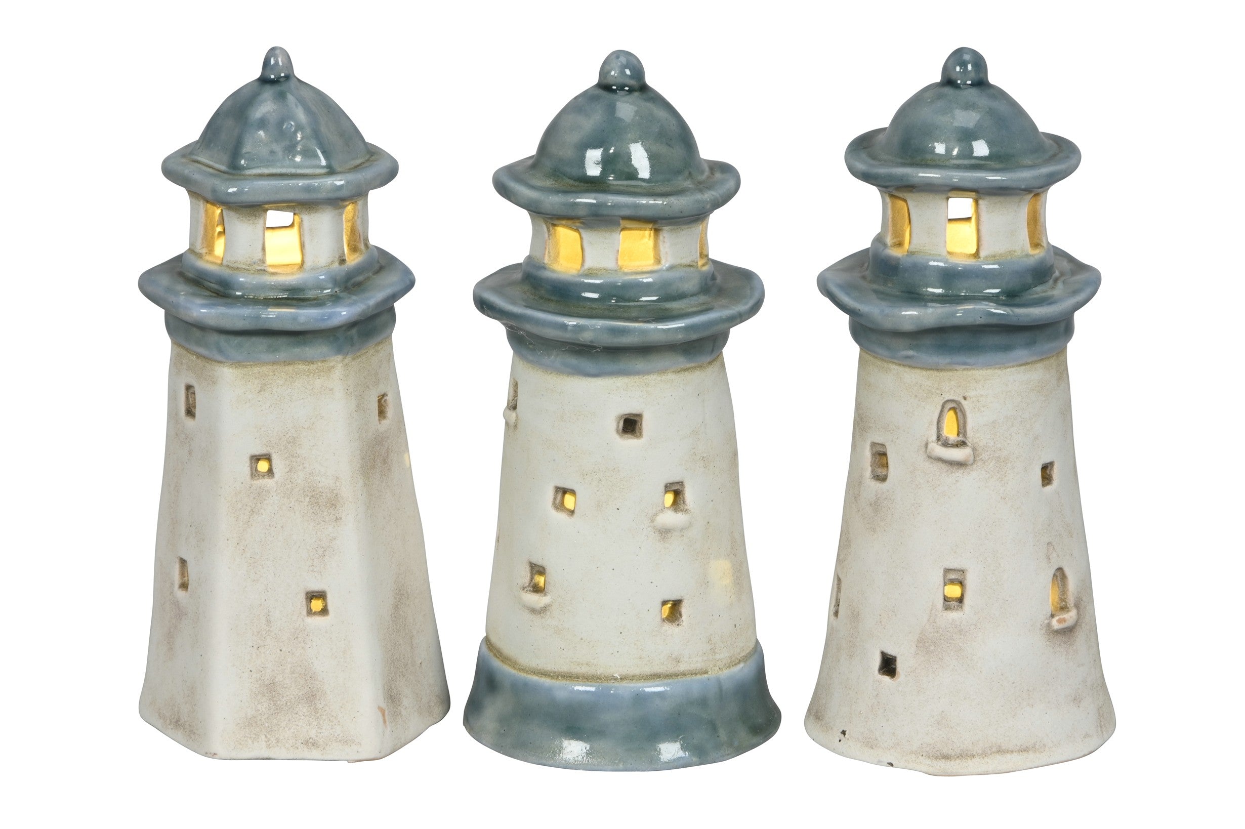 LED Leuchtturm aus Steinzeug 3 Modelle 7 x 7cm H16cm Blau/Creme Dekorativer Leuchtturm mit warmem LED-Licht Maritime Tisch- & Sommerdekoration