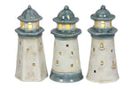 Lade das Bild in den Galerie-Viewer, LED Leuchtturm aus Steinzeug 3 Modelle 7 x 7cm H16cm Blau/Creme Dekorativer Leuchtturm mit warmem LED-Licht Maritime Tisch- &amp; Sommerdekoration
