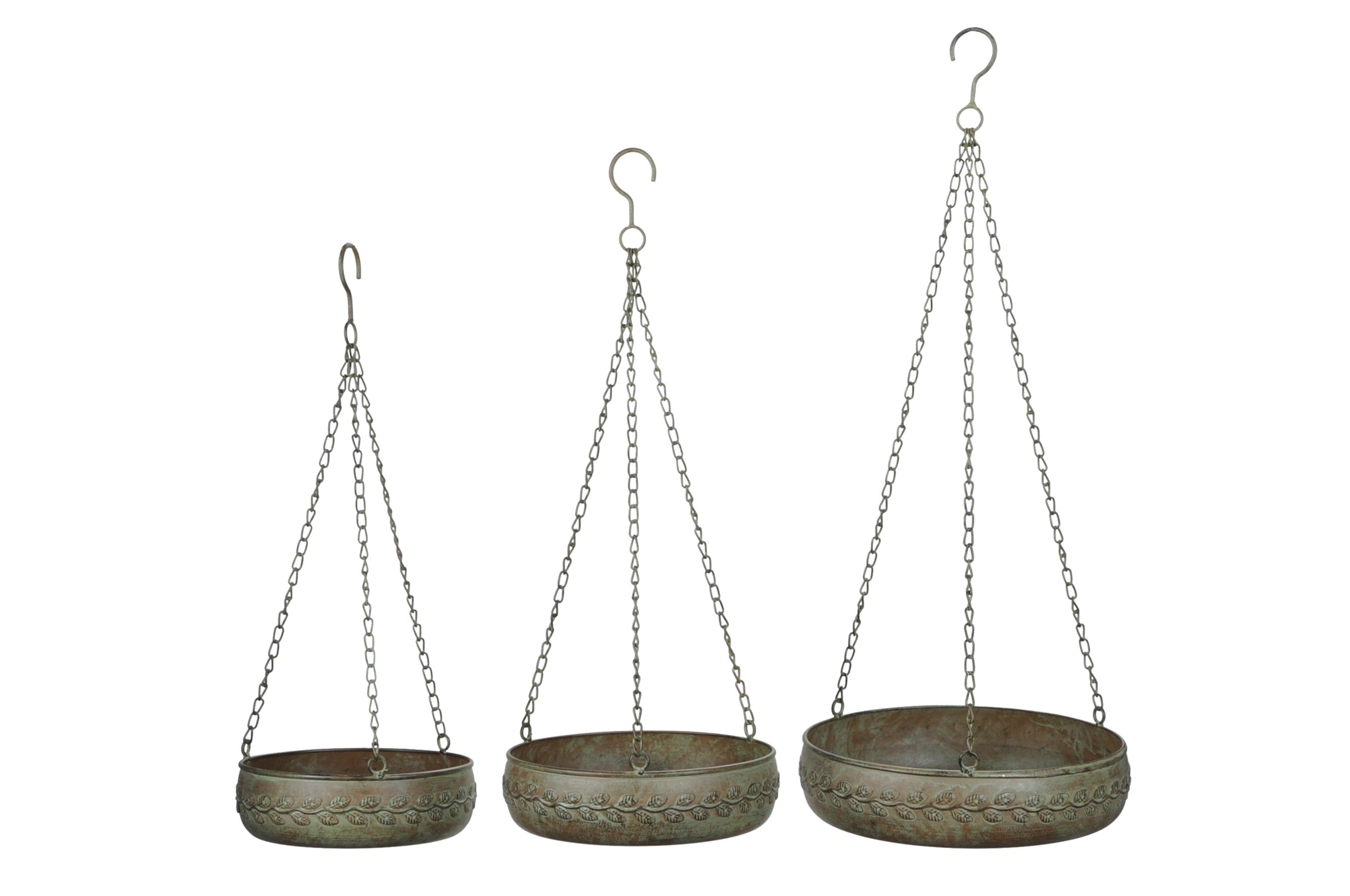 Vogelbad Dekorative Metallschalen mit Kette Grün 3er Set Pflanzschalen & Hängeschalen aus Eisen Vintage-Gartendekoration, Ø 19/ 23 / 27 cm
