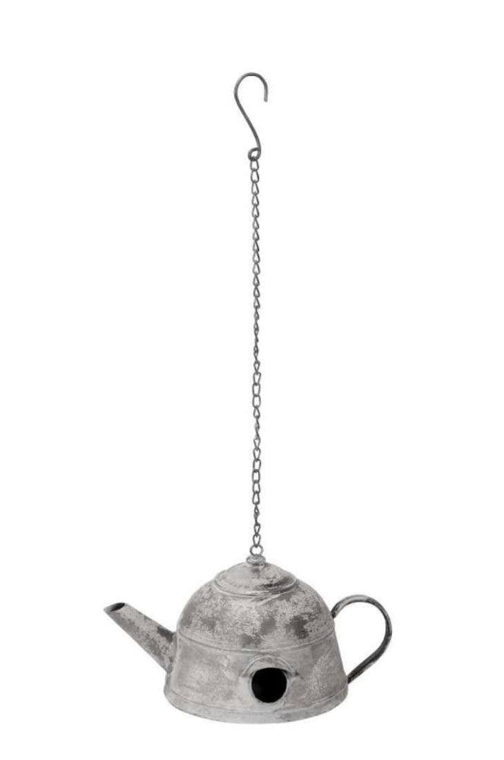 Nistkasten Vogelhaus Metall zum Hängen Teekanne Shabby Ø32x22cm H17cm grau/schwarz