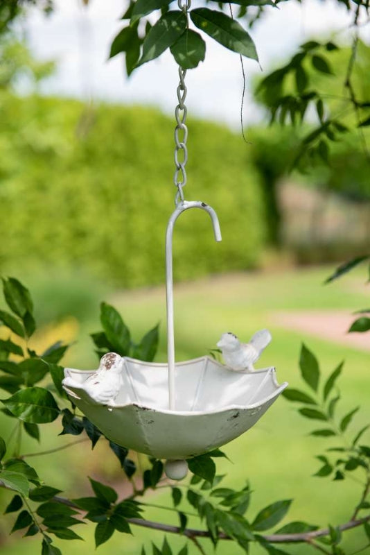Vogel Futterplatz Schirm/Vogel Metall weiß Vintage 19x24cm H24cm + Kette Garten