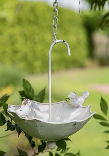 Vogel Futterplatz Schirm/Vogel Metall weiß Vintage 19x24cm H24cm + Kette Garten