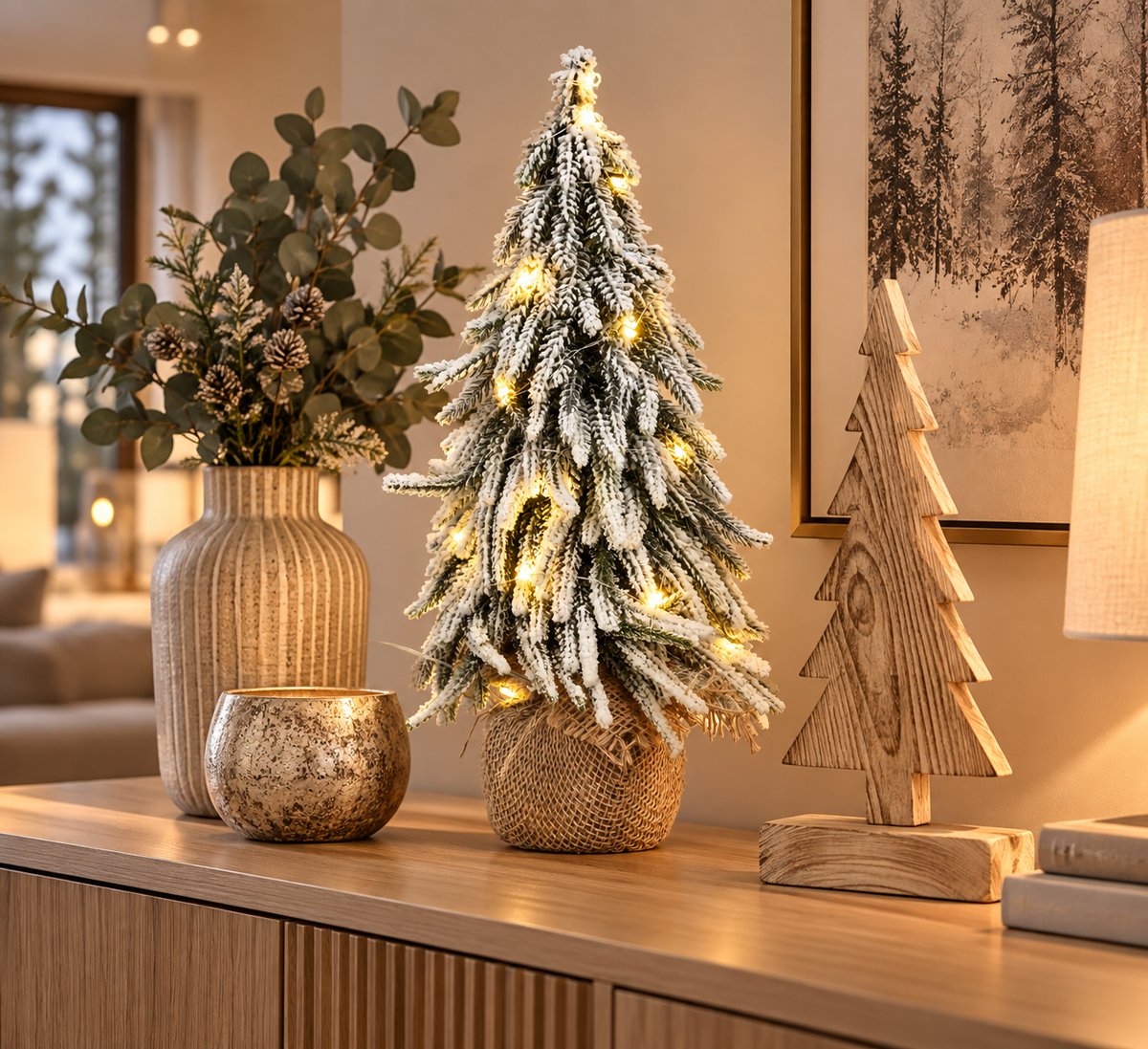 Weihnachtsbaum mit Beleuchtung im Jutesack 20LED mit Timer grün beschneit H36cm + H52cm Tannenbaum Weihnachten Dekoration Advent 2Größen wählbar