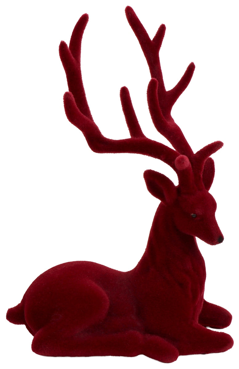 Hirsch Rentier dunkelrot beflockt sitzend 20x H15cm Skulptur Polyester Weihnachten Figur Skulptur