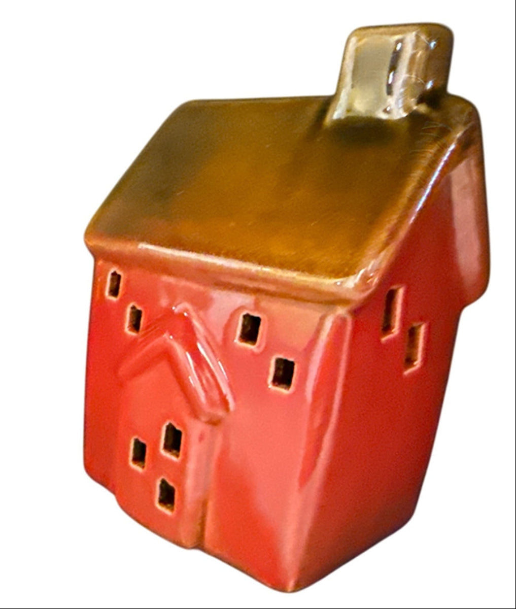 LED Haus mit Beleuchtung rot/natur 8x6cm H12cm Dekohaus Keramik Weihnachten Lichterhaus