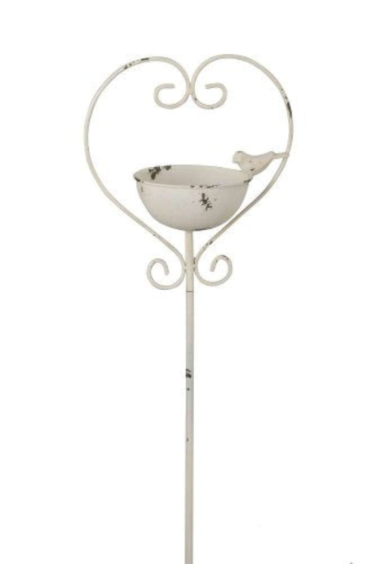 Vogel Futterplatz Herz/Vogel Metall weiß Vintage Ø25x14,5cm H140cm Futterstation Vogeltränke