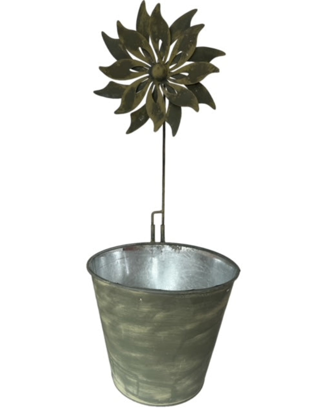 Metall Eimer mit Windmühle Pflanzgefäß Metalleimer Pflanzkübel Pflanztopf grün gewischt Ø16/24cm 2Größen wählbar