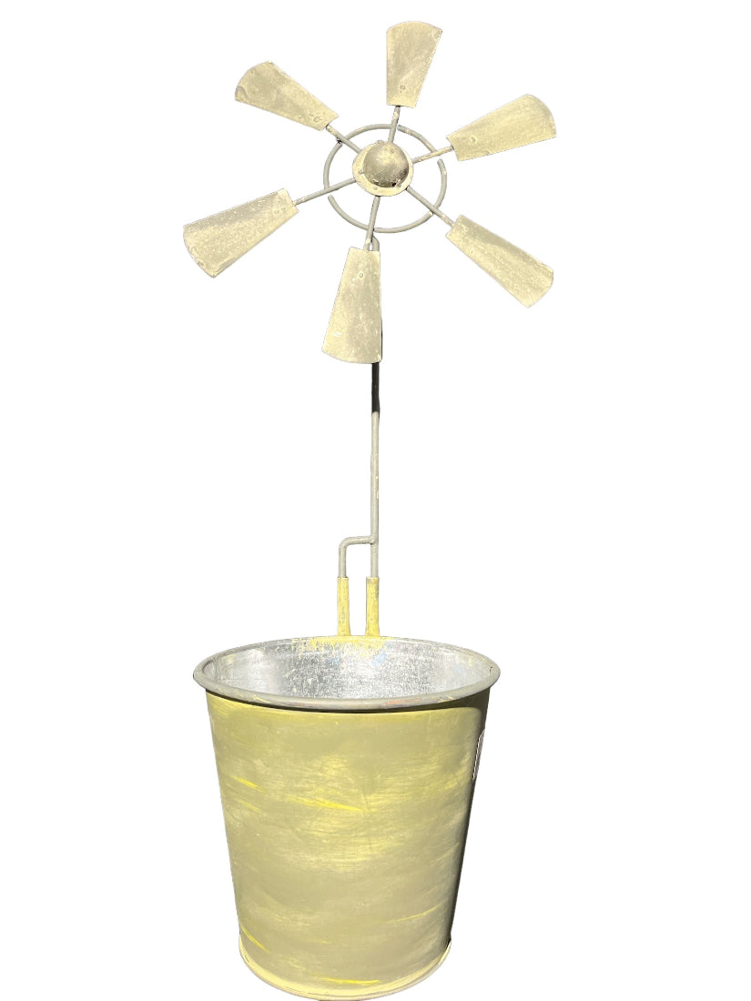 Metall Eimer mit Windmühle Pflanzgefäß Metalleimer Pflanzkübel Pflanztopf gelb gewischt Ø19cm H55cm