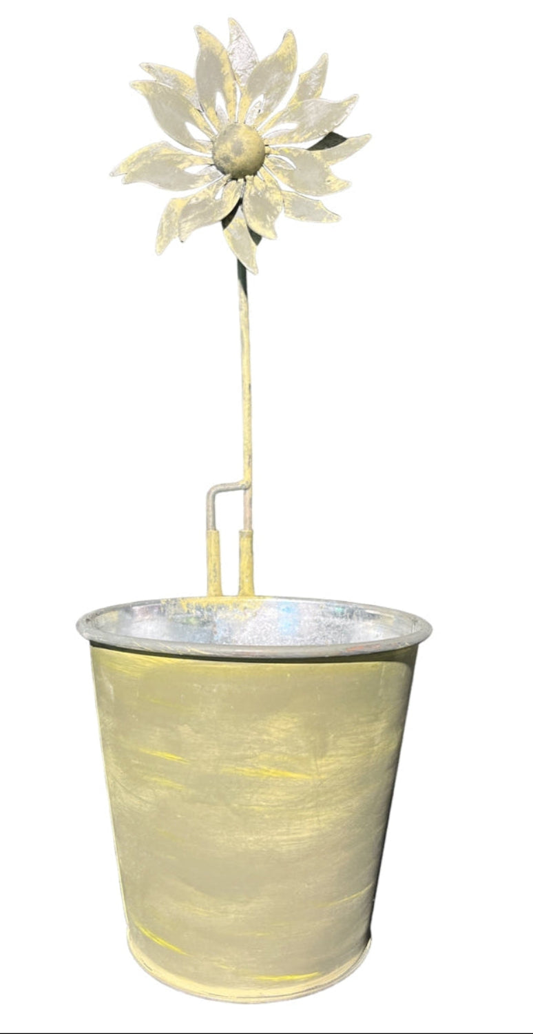 Metall Eimer mit Windmühle Pflanzgefäß Metalleimer Pflanzkübel Pflanztopf gelb gewischt Ø16/24cm 2Größen wählbar