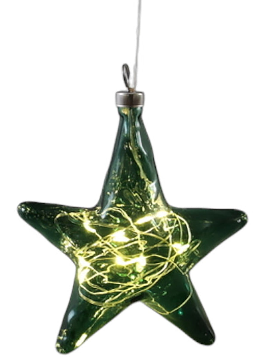 LED Stern Glas Ø12cm grün 10LED Lichter transparent mit Timer Dekohänger Weihnachten Fensterdeko