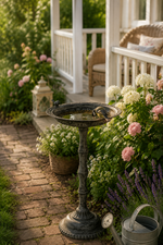 Lade das Bild in den Galerie-Viewer, Vogelbad Blumenständer Gartendeko Schale auf Fuß Ø40x37cm H63cm grün antik Futterstelle Garten Wasserstelle
