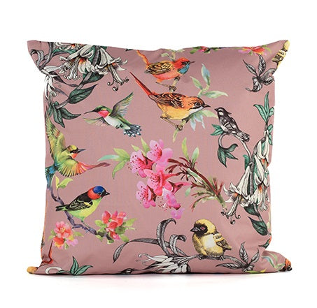 Outdoor Kissen 45x45cm Vögel Gartenkissen mit Reißverschluss, wasser- und schmutzabweisend, Bezug abnehmbar, dekoratives Zierkissen für Garten, Balkon & Terrasse, rosa/bunt