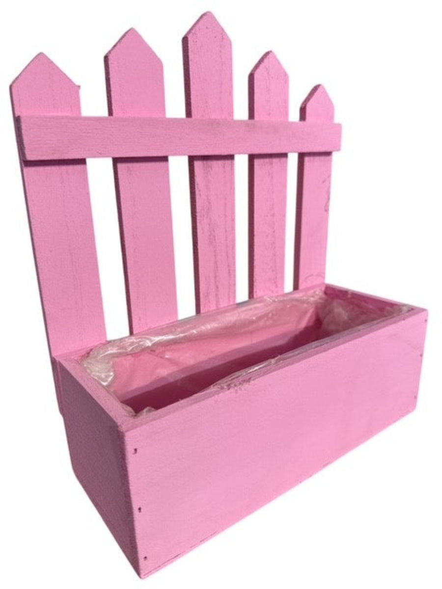 Holz Pflanzkasten Zaun-Optik pink 23 × 10 cm Höhe 27 cm mit Folie ausgelegt Dekorativer Kräuter- & Blumenpflanzkasten